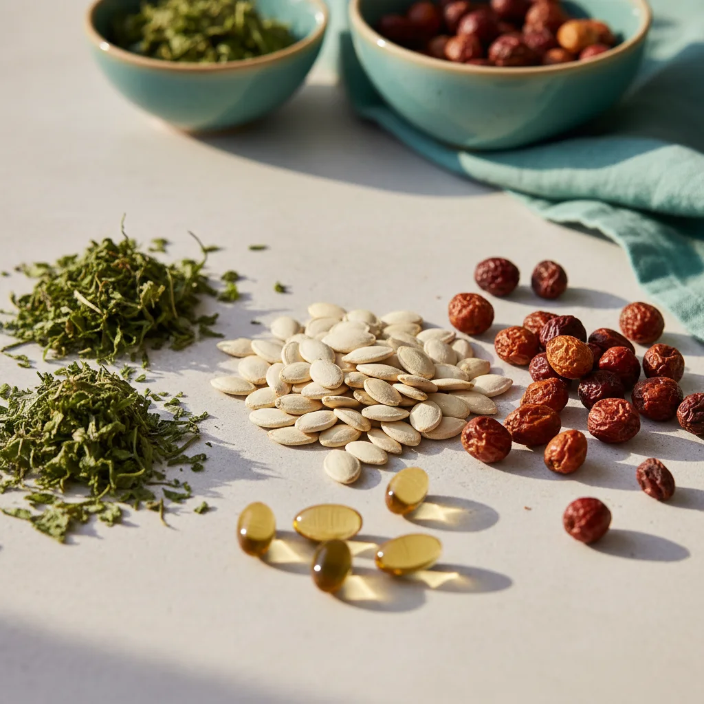 Natural plant ingredients including pumpkin seeds, saw palmetto berries and dried herbs on a stone surface - plant-based capsules for men's everyday wellness